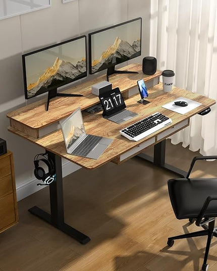 63 * 30 Inches Electric Standing Desk Adjustable Height with 4 Drawers, Double Storage Shelves, Home Office Workstation Sit Stand up Desk (Light Rustic Brown)