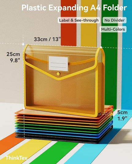 ThinkTex Plastic Expanding File Folder, Transparent envelopes with Snap Closure,No Dividers,Large Capacity,Document Organizer for Receipts, Bills&Taxes,Letter/A4 Size for School/Office/Home-10 Pack