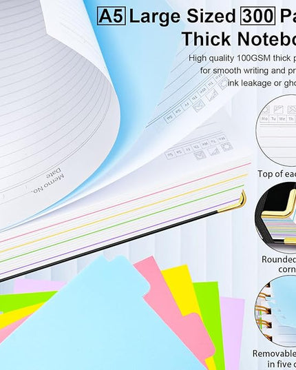 Hardcover Spiral Notebook 6.2"x 8.2" Journal Notebook with Tabs and Removable Dividers 300 Pages 5 Subject Notebook College Ruled, Faux Leather Spiral Bound Notebook for Women School Work (Black)