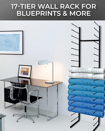 Wall Mount Blueprint Holder Storage Organizer - 34 Slot Blueprint Storage Rack - Blue Print Storage Organizer for Poster Storage, Construction Paper Storage, Map Storage (17 Tiers)