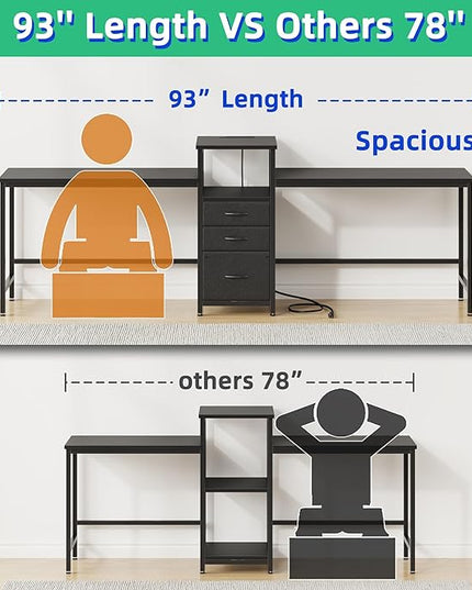 GYIIYUO 93'' Two Person Gaming Desk with Charging Station, Long Desk with 3 Drawers and Printer Shelf, Double Computer Desk, 2 Person Writing Study Table Workstation for Home Office, Black