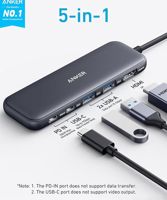 Anker USB C Hub, 5-in-1 USBC to HDMI Splitter with 4K Display, 1 x Powered USB-C 5Gbps & 2×Powered USB-A 3.0 5Gbps Data Ports for MacBook Pro, MacBook Air, Dell and More