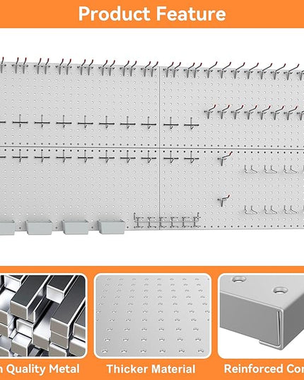 WALMANN Metal Pegboard Kit with Accessories for Wall Garage Tools Storage Pegboard for Garage, Workbench, Modular Peg Board Tool Organizer Board with Hooks(Grey)