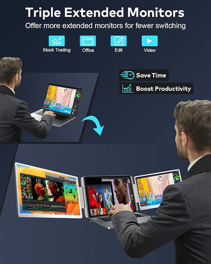 FQQ 15.6" Laptop Screen Extender, Left Screen 360° Flip Triple Screen Monitor Extender, FHD 1080P IPS Portable Travel Monitor Display, fit for 12–18.5" Laptops, Compatible with Windows and MacBook-S10