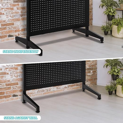 3'x 6' Pegboard Display Stand with T-Base, Metal Peg Board Display Stand with Wheel, Standing Pegboard Display with 20 Pieces Hooks, Black