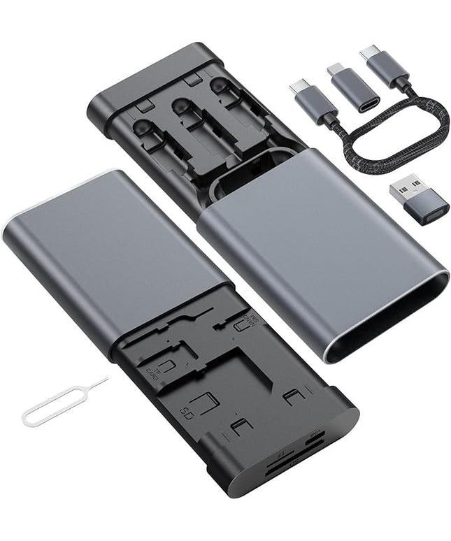 USB-C Card Reader & Storage Case, Multi-Format Memory Card Organizer with OTG Adapter, 65W Fast Charging, SIM & TF Storage, High-Speed Data Transfer, Plug-and-Play