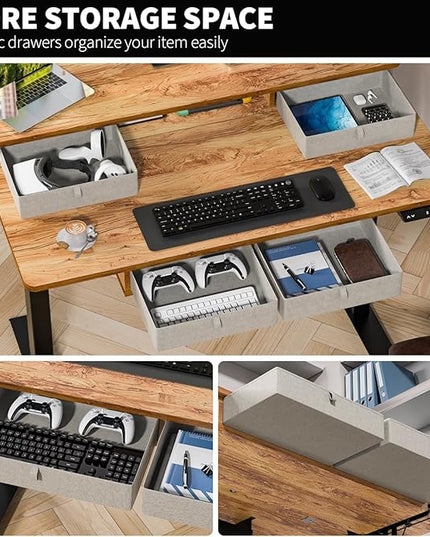 Kingant Standing Desk with Drawers & USB Charging Port, 48" x 30" Height Adjustable Home Office & Gaming Desk, Sit Stand Desk with Built-in Storage Shelf, Hook & Ergonomic Design(Light Rustic)