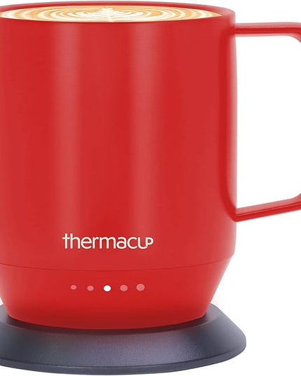 THERMACUP Premium Heated Coffee Mug with 5 Temperature Settings, Industry-Leading Smart Electric Cup, Up to 8-Hour Battery, 12oz with Lid (14oz Total Capacity), Cherry Red