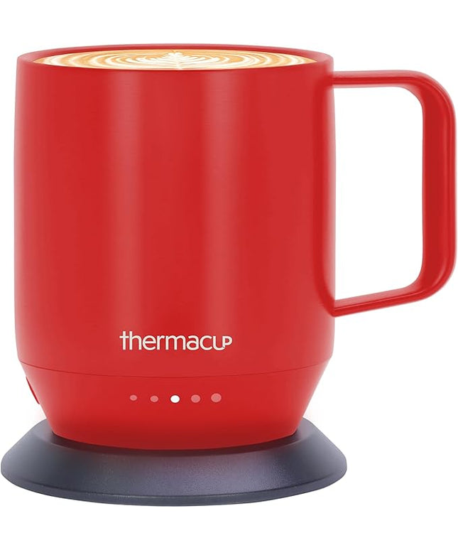 THERMACUP Premium Heated Coffee Mug with 5 Temperature Settings, Industry-Leading Smart Electric Cup, Up to 8-Hour Battery, 12oz with Lid (14oz Total Capacity), Cherry Red