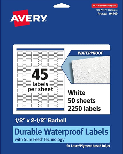 Avery Printable Durable White Barbell Labels, Sure Feed Technology, 0.5" x 2.5", Waterproof Labels, Laser & Pigment-Based Inkjet Compatible, 2250 Total