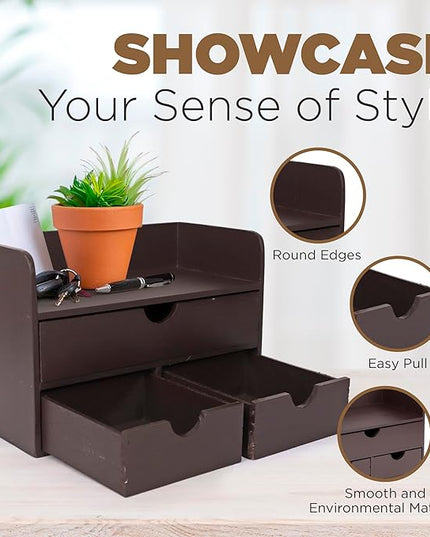 Besti Wooden Office Desk Organizer - Organizing Tool for Desktop, Cubicle, Bedroom, Kitchen - Vintage Style Organization Caddy with Top Tray Shelf & 3 Drawers - 13.6x9x7 Inches (Dark Brown)