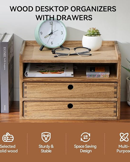 KIRIGEN Desktop Organizer Cabinet With 2 Drawers & Tray - Wood Office Desk Storage Shelf for Office Supplies - Small Cabinet for Countertop Accessories Storage 3 Layer Dark Brown（DT3D2C-DBR）