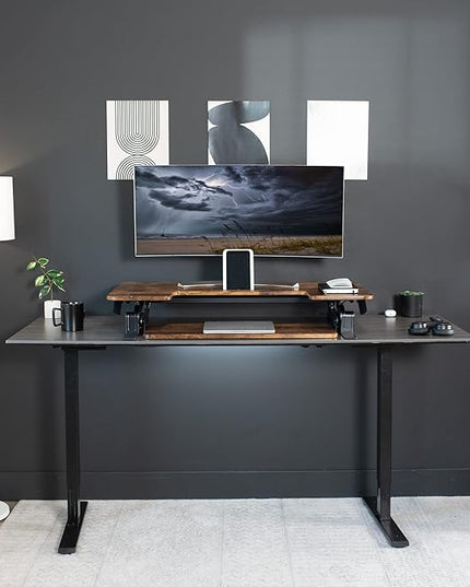 VIVO 42 inch Height Adjustable Stand Up Desk Converter, V Series, Quick Sit to Stand Tabletop Dual Monitor Riser Workstation, Rustic Vintage Brown Top, Black Frame, DESK-V000VLN