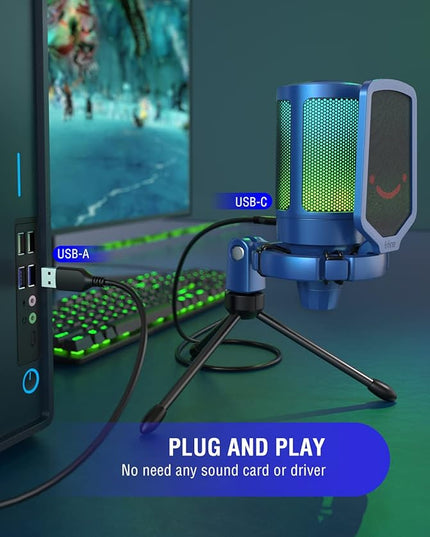 FIFINE Gaming Streaming USB PC Microphone for Mac OS/Windows, AmpliGame Condenser Cardioid Mic with RGB for Video Vocal Recording Twitch Discord, Gamer Computer Mic-Blue