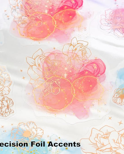AuriicLeaf Watercolor Floral PET Sticker Set, 60PCS Gold Foil Flower Stickers for Scrapbooking, Journaling, DIY Crafts, Decorative Collage, Planner, and Art Supplies