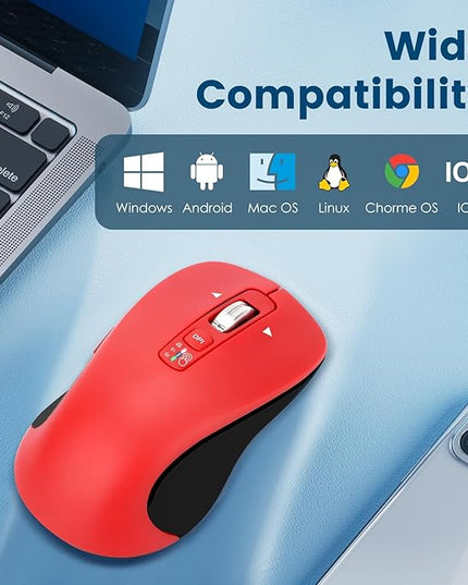 Wireless Bluetooth Mouse (USB + BT1 + BT2), Full Size, 4-Way Scrolling, Multi-Device Silent Mouse for Computer, Laptop, iPad, MacBook (Red)