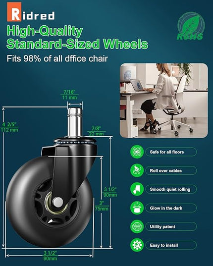 RidRed Office Chair Wheels Replacement Heavy Duty 3 Inch Roller Blade Wheels for Carpet Hardwood Floors,Support 650 LB, Noise Free, Fits 98% Chair, for All Floor, Set of 5 (Black)