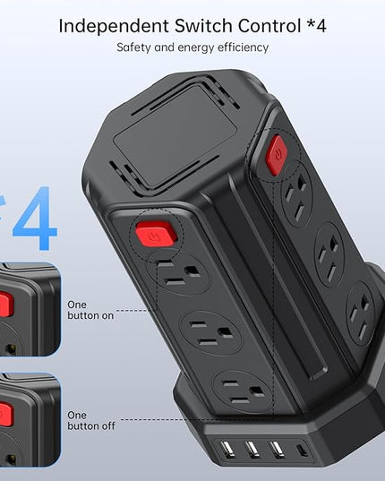 Power Strip Surge Protector, 10 Ft Extension Cord with 12 AC Multiple Outlets 4 USB (1 USB C), SMALLRT Power Tower Desktop Charging Station (Black, 10 FT PD20W)