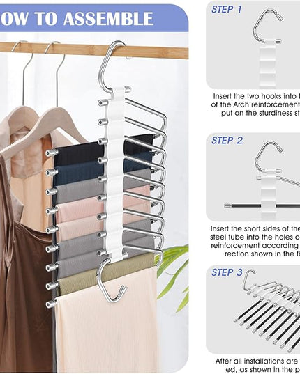 Upgrade 9 Layers Pants Hangers Space Saving, 2 Pack Multifunctional Pants Rack Non Slip Stainless Steel Clothes Space Saver Hangers Closet Organizers Storage for Pants Jeans Leggings, Creamy White