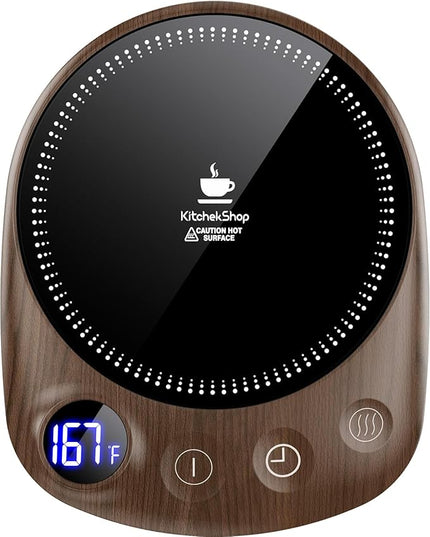 KitchekShop Coffee Mug Warmer - Fastest Heating & Highest Temperature, Coffee Cup Warmer for Desk Auto Shut Off, 4 Temp Settings & 1-12H Timer, Smart Electric Beverage Warmer for Coffee, Tea (Wood)