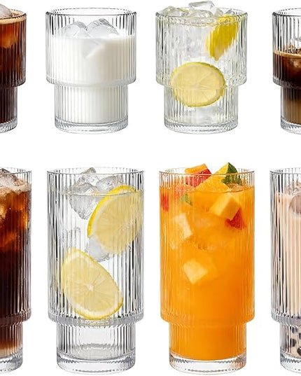 Ribbed Drinking Glasses Set of 8, Stackable Cute Kitchen Glasses Cups 16oz and 7oz Iced Coffee Glasses cocktail Glass cup for Water, Beverage, Whiskey