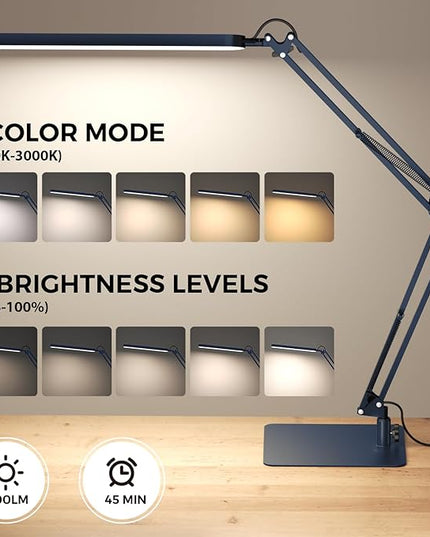 SKYLEO LED Desk Lamp with Slim Base - Adjustable Swing Arm Desk Light, Dimmable, Timer, Eye Protection, Memory Function, 1300LM, 12W, Blue
