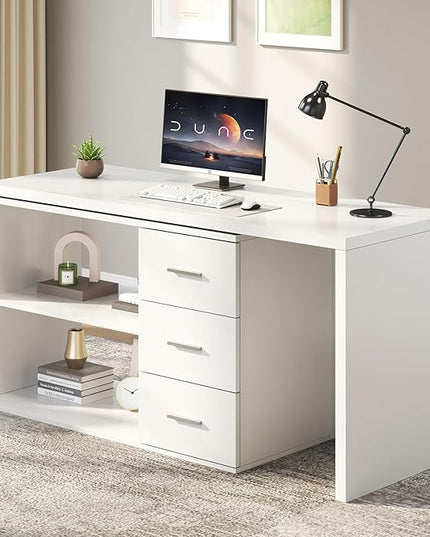 HSH White L Shaped Desk with Drawers Shelves, 360 Rotating L Shape Computer Desk with Storage Cabinet, Corner Home Office Desk Computer Table，55 Inch
