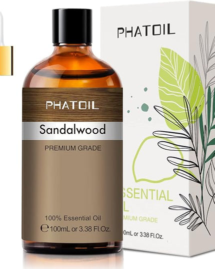 PHATOIL 100ML Sandalwood Essential Oil, Pure Aromatherapy Essential Oils for Diffuser, Humidifier, Relax, Scented Oils for Soap, Candle Making, Huge 3.38fl.oz Bottle