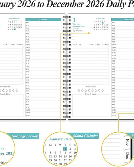 Daily Planner 2026 Full Page Per Day- 2026 Daily & Monthly Planner from January 2026 to December 2026, Day Planner 2026 with 12 Months Tabs, 8.5" x 11", Black