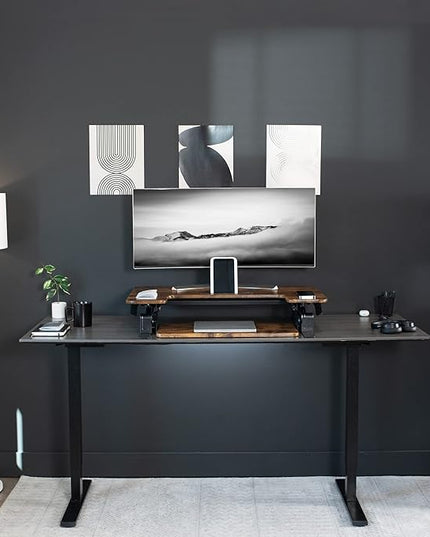 VIVO 36 inch Height Adjustable Stand Up Desk Converter, V Series, Quick Sit to Stand Tabletop Dual Monitor Riser Workstation, Rustic Vintage Brown Top, Black Frame, DESK-V000VN