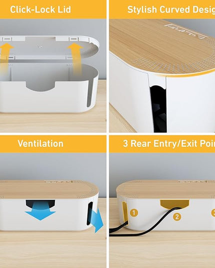 D-Line Cable Management Box, Power Strip Holder, Floor Outlet Hiders, Desk Cord Organizer, Cover TV Wires, Wire Storage, Extension Hider, Office Concealer for Cords - Large, Wood-Effect Lid