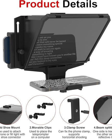 7.7-Inch Mobile Teleprompter, 3-in-1 Handheld/Desktop/Monitor Modes, HD 70/30 Optical Beam Splitter, Remote Control, Compatible with iOS & Android Tablets