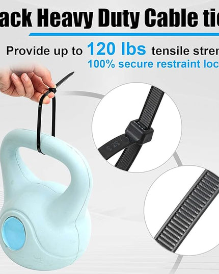 Reallnaive 500 Pcs 12 Inch Zip Ties Heavy Duty 120 Lbs Tensile Strength Black Nylon Wire Cable Ties Bulk for Indoor Outdoor