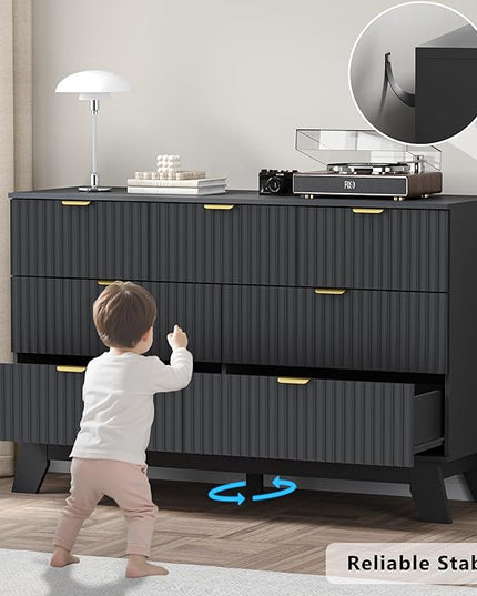 BORNOON Fluted 7 Drawer Dresser, 47.2" Wide Modern Boho Chest of Drawers, Wooden Storage Dresser TV Stand for Bedroom, Living Room, Closet, Hallway, Curved Profile Design