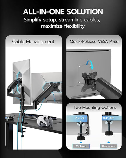ARES WING Dual Monitor Mount - Ultrawide Monitor Arm for 17 to 40 Inch Heavy Duty Curved Screen Up to 26.4 lbs with Clamp/Grommet Desk Mount, 75/100 Vesa Mount, Black