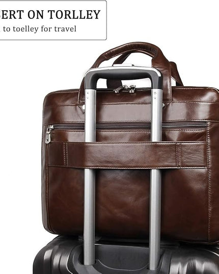Augus Genuine Leather Mens Briefcase businessTravel Bags 15.6 Inch Laptop Bag YKK Zipper, Coffee