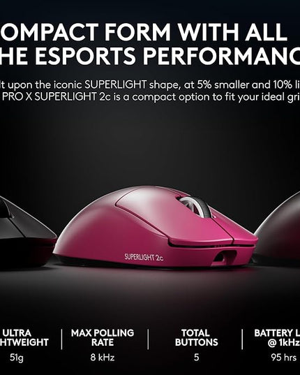 Logitech G PRO X Superlight 2c Wireless Gaming Mouse, 51 g pro-Grade Compact Mouse with 5 programmable Buttons, USB-C Charging, 44K DPI Sensor, up to 8 kHz Polling for PC/Mac - Magenta
