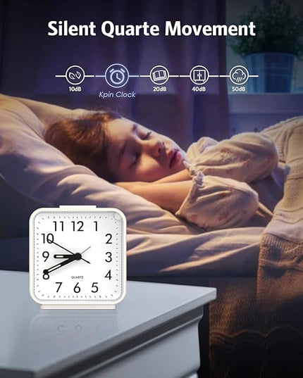 OQIMAX Analog Alarm Clocks, Non Ticking Table Clock with Luminous Hand & Large Display, Battery Powered Silent Bedside Alarm Clock with Night Light Function & Snooze, for Bedroom, Office (White)