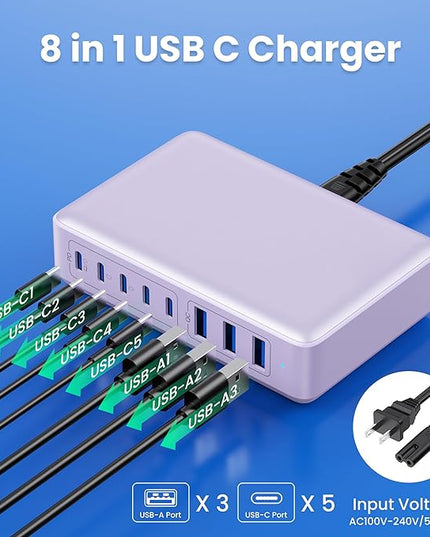 USB C Charger 300W USB C Charger Block 8-Ports GaN IV Fast Charging Station,PD 100W Laptop Charging Hub Wall Adapter Compatible with MacBook/Air,DELL,Steam Desk,iPhone 16/15/14,Galaxy S24 etc