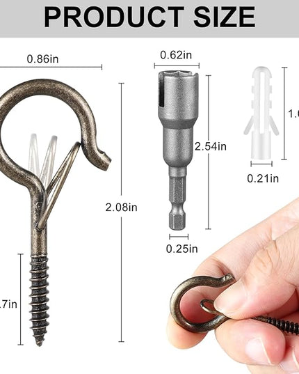 FSAH 24 PCS Q-Hanger Hooks, Screw Hooks for Outdoor String Lights, Safety Buckle Design Cup Eye Hook for Hanging Christmas Lights, Plants, Mounted on Wall Ceiling, Include 1 Wing Nut Driver, Copper