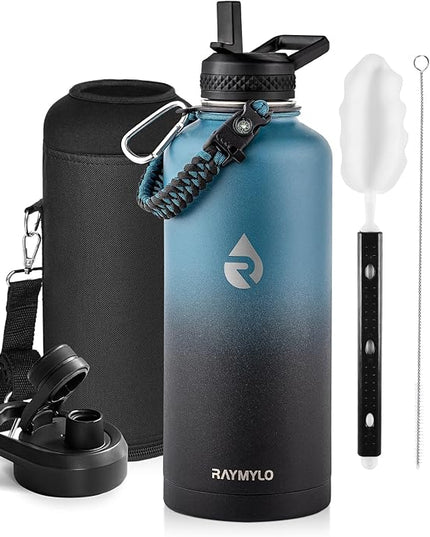 Insulated Water Bottle 87 oz, Triple Wall Vacuum Stainless Steel (Cold for 48 Hrs), Leak Proof & Non-BPA, Modern Water Flask Jug with Paracord Handle & Straw Spout Lids, Indigo/Black