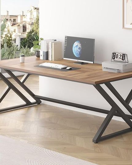 LVB Rustic Large Computer Desk, Extra Long Industrial Home Office Desk, Wood Pc Writing Work Study Computer Table Desk, Farmhouse Workstation Gaming Executive Desk for 2 Person, Rustic Oak, 78.7 Inch