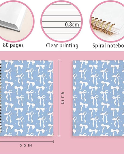 LIANGW Coquette Blue Bow Notebook Journal for Teen Girls & Women, Preppy Cute Journal Gifts for Women, Girly Gifts, Blue Bow Office Supplies, Hardcover Spiral Notebook, 5.5x8.3 Inch