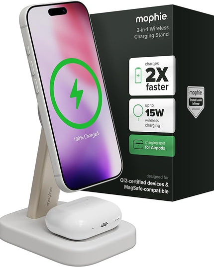 Mophie 2-in-1 Wireless Charging Stand - Qi2-Certified, MagSafe Charger for iPhone & AirPods – Fast Charging Station with Adjustable Phone Stand & Cable Management – Up to 15W Power