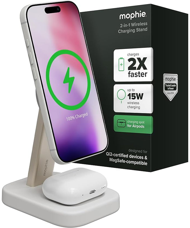 Mophie 2-in-1 Wireless Charging Stand - Qi2-Certified, MagSafe Charger for iPhone & AirPods – Fast Charging Station with Adjustable Phone Stand & Cable Management – Up to 15W Power