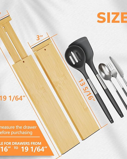 BAMEOS 4 pcs 3" High Bamboo Drawer Dividers Adjustable Drawer Organizer Expandable Drawer Organization Utensil Organizers for Kitchen Dresser Bathroom Bedroom and Office