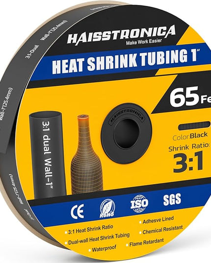 haisstronica 3:1 Heat Shrink Tubing, Shrink Ratio Adhesive Lined Marine Grade Heat Shrink Tube for Home, Automotive and Industrial (Black) 65FT 1inch