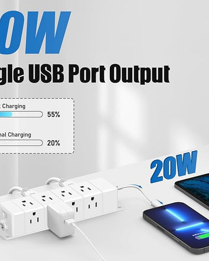 40W Fast Charging Under Desk Power Strip,12 Outlet Mountable Power Strip with 4 USB,1200J Surge Protection,10FT Flat Extension Cord