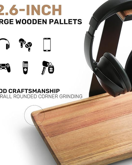 WILDMOS Headphone Stand for Desk,Acacia Wood Tray with Headphone Holder,Gaming Headset Stand,Desk Accessories for Desktop Storage