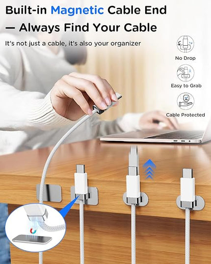 StayCable 5FT USB A to USB C Cable with Built-in Magnetic Holder for Nightstand, Desk and Car, 3A Fast Charging Anti-Fall Cord with 2 Adhesive Metal Plates, Braid Type-C Data Cable for iPhone 17